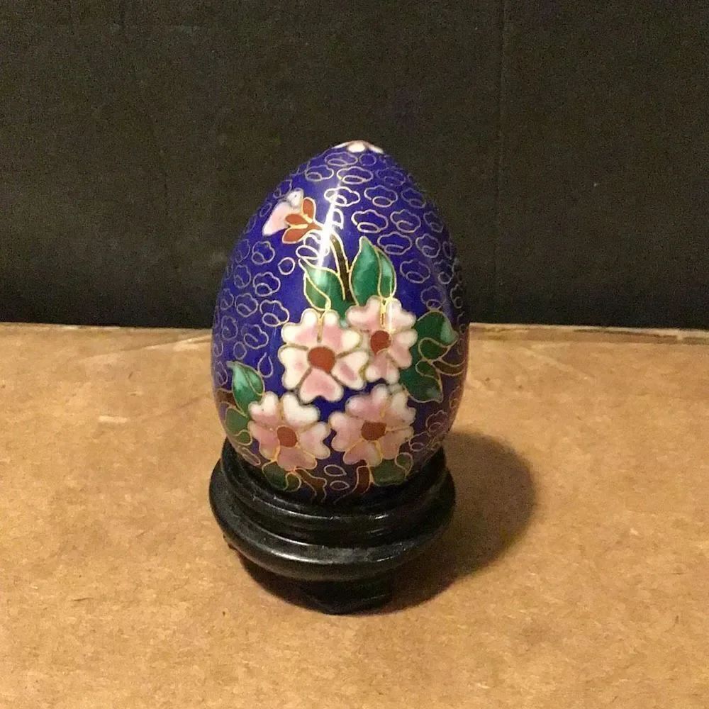 Vintage cloisonné blue egg with pink flowers